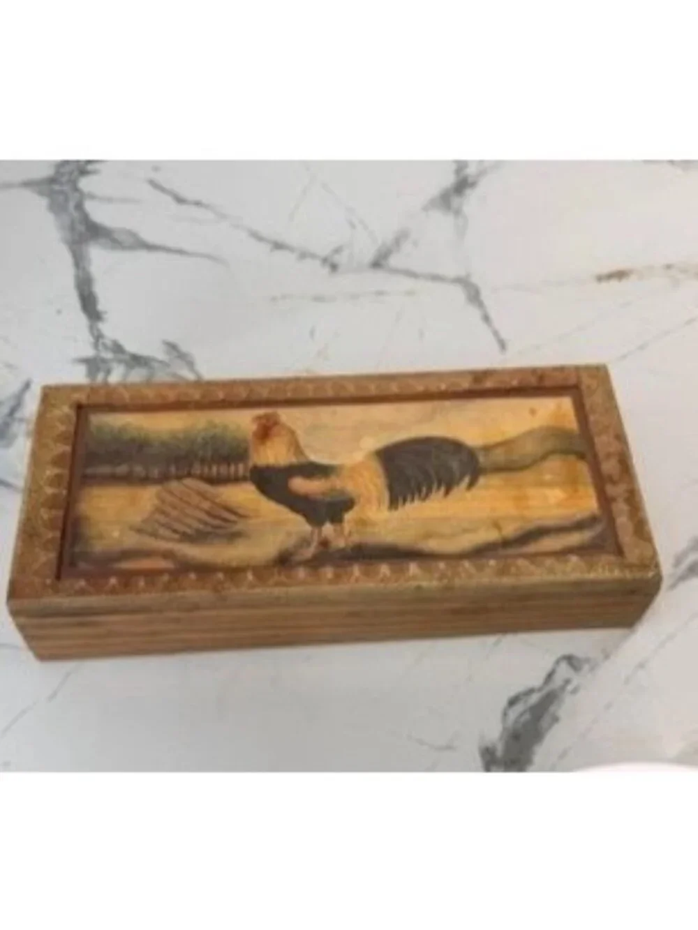 Vintage Rooster Wood Storage Hinged Trinket Box , country, farmhouse